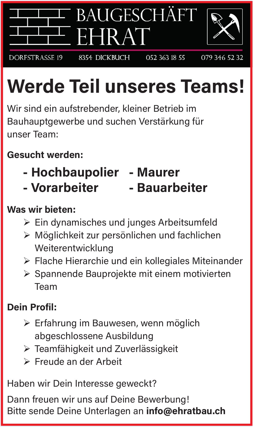 Hochbaupolier, Maurer,  Vorarbeiter & Bauarbeiter, Baugeschäft Ehrat, Dickbuch,  gesucht