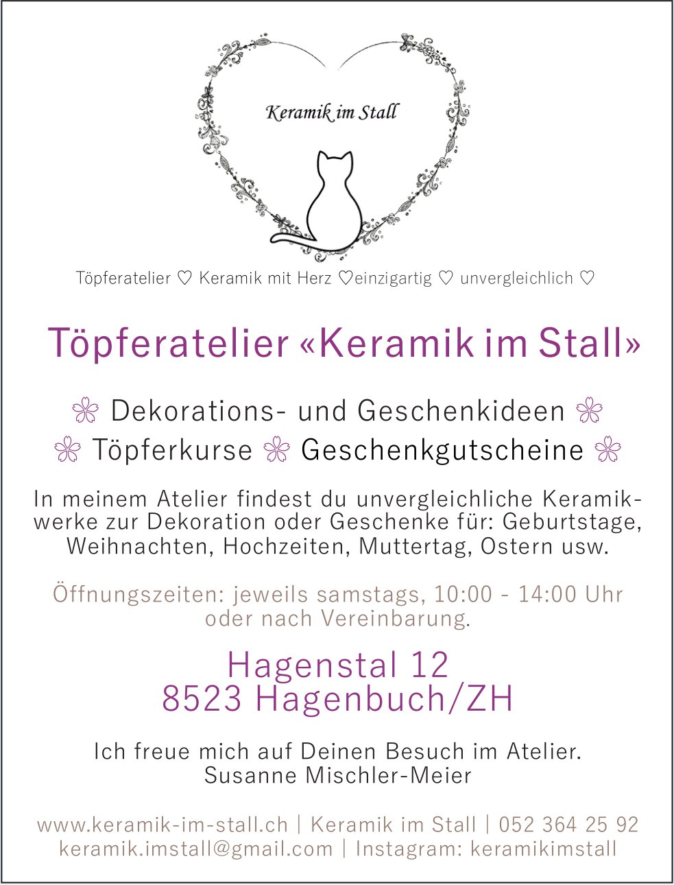 Töpferatelier «Keramik im Stall», Hagenbuch/ZH - Dekorations- und Geschenkideen, Töpferkurse, Geschenkgutscheine