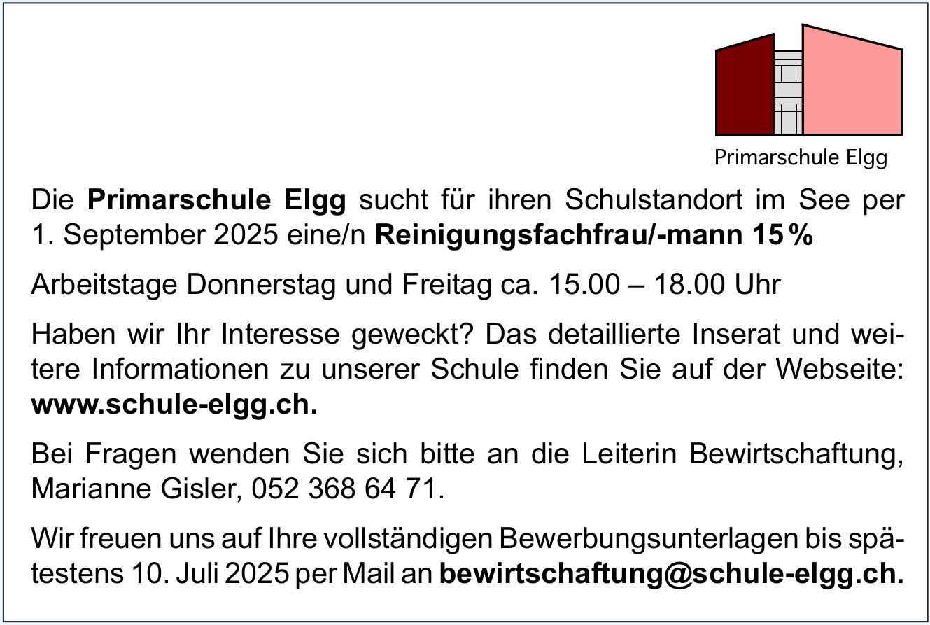 Reinigungsfachfrau/-mann 15%, Primarschule, Elgg, gesucht
