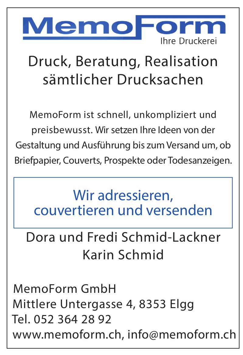 MemoForm GmbH, Elgg - Druck, Beratung, Realisation sämtlicher Drucksachen