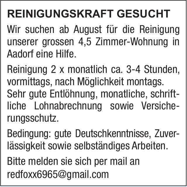 Reinigungskraft, 4.5 Zimmer-Wohnung, Aadorf, gesucht