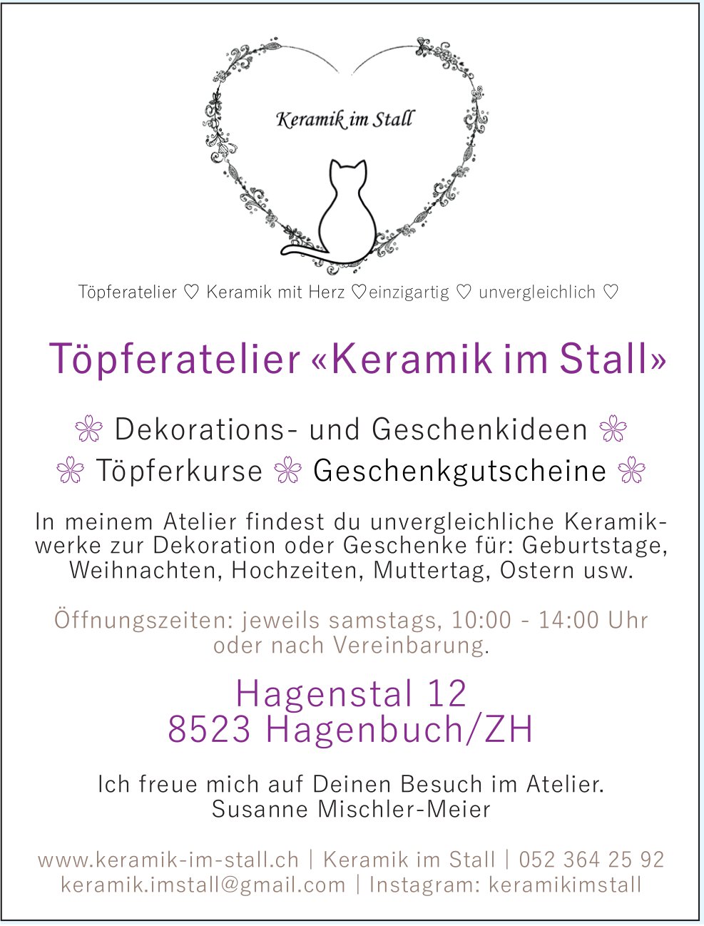 Töpferatelier «Keramik im Stall», Hagenbuch/ZH - Dekorations- und Geschenkideen, Töpferkurse,  Geschenkgutscheine