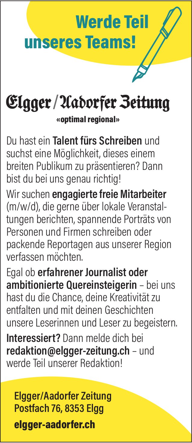 Freie Mitarbeiter (m/w/d), Elgger/Aadorfer Zeitung, gesucht