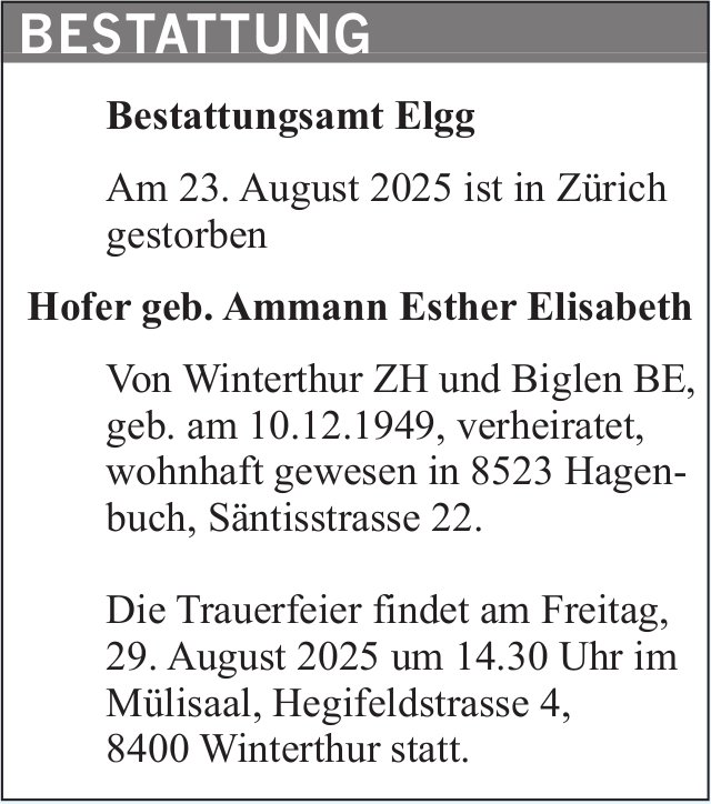 Hofer geb. Ammann Esther Elisabeth, August 2025 / TA