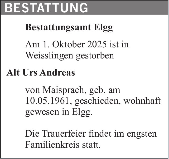 Andreas Alt Urs, Oktober 2025 / TA