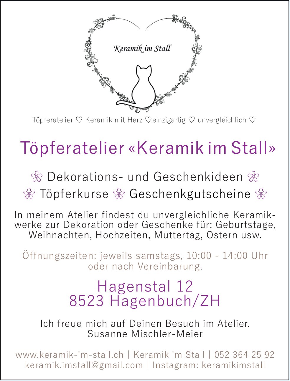 Töpferatelier «Keramik im Stall», Hagenbuch/ZH - Dekorations- und Geschenkideen, Töpferkurse,  Geschenkgutscheine