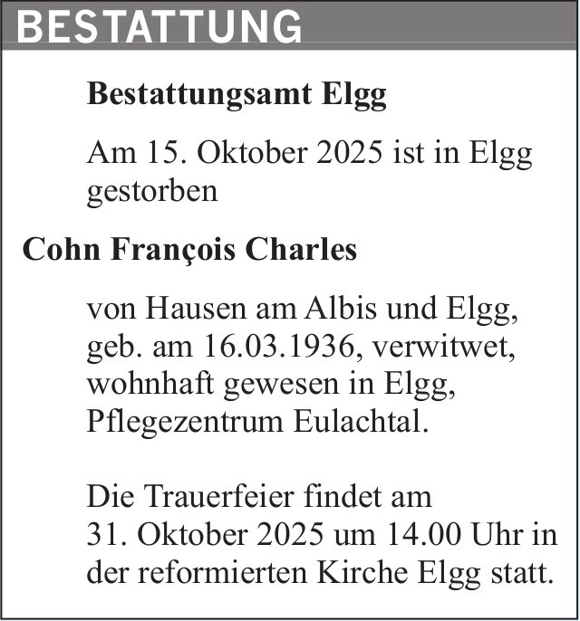 Cohn François Charles, Oktober 2025 / TA