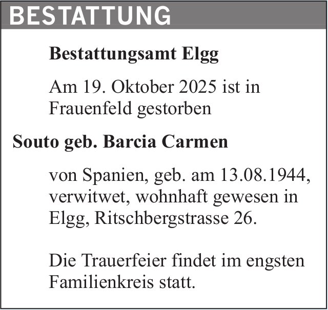 Souto geb. Barcia Carmen, Oktober 2025 / TA