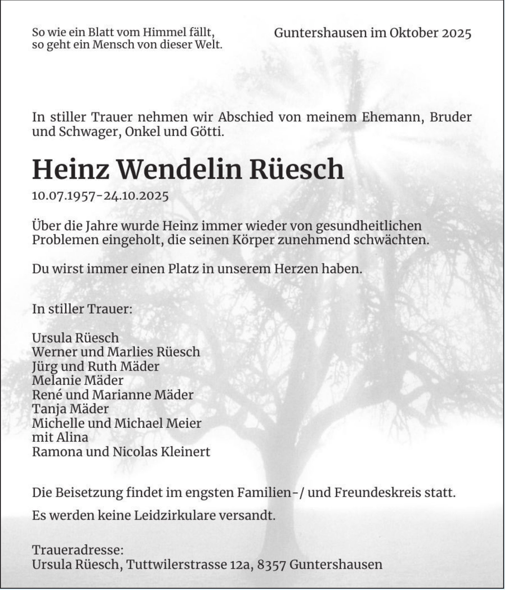 Heinz Wendelin Rüesch, Oktober 2025 / TA
