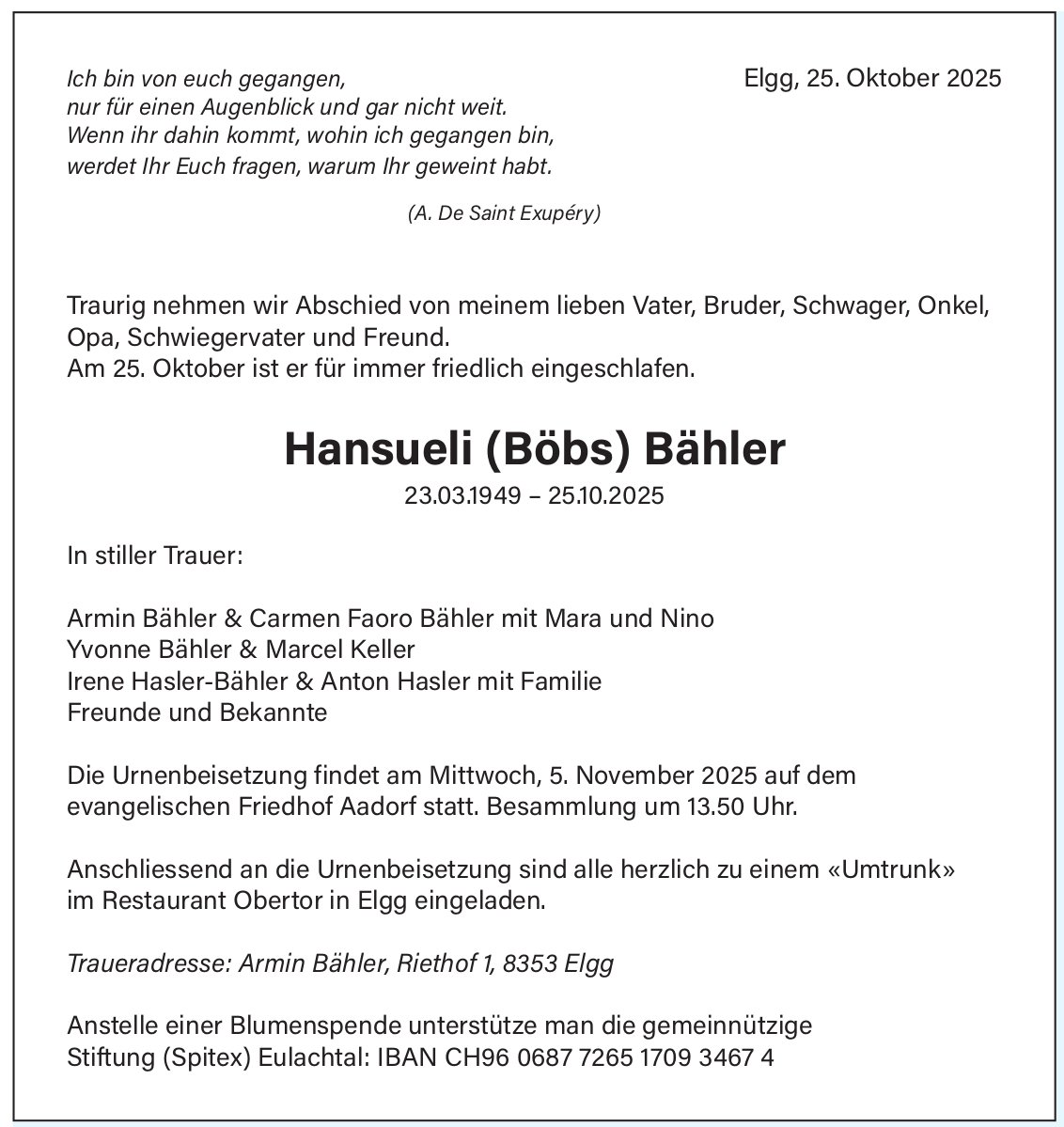 Bähler Hansueli (Böbs), Oktober 2025 / TA