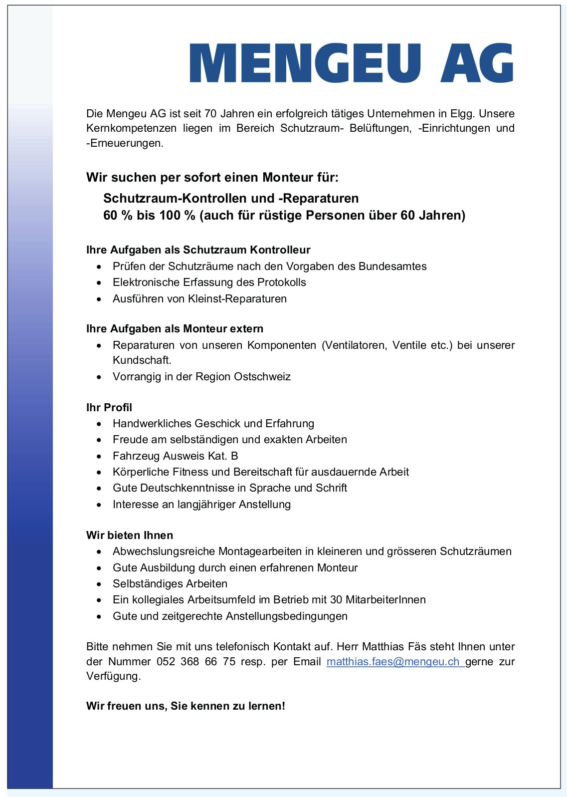 Schutzraum-Kontrollen und -Reparaturen 60% bis 100% (auch für rüstige Personen über 60 Jahren), MENGEU AG, Elgg, gesucht