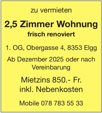 2, 5 Zimmer Wohnung frisch renoviert, Elgg, zu vermieten