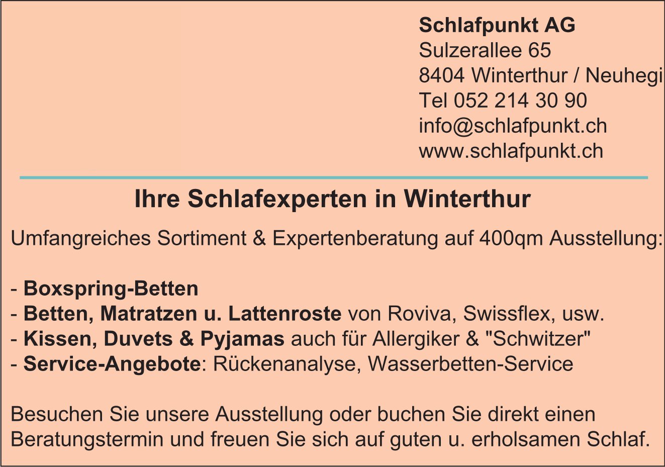 Schlafpunkt AG, Winterthur - Ihre Schlafexperten... Umfangreiches Sortiment & Expertenberatung...