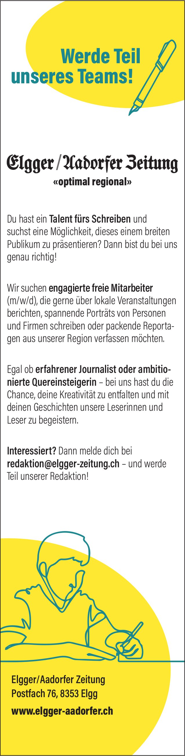 Freie Mitarbeiter (m/w/d), Elgger Aadorfer Zeitung, gesucht