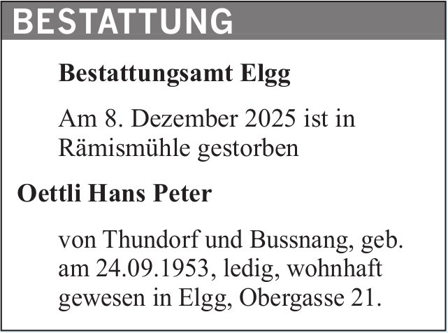 Oettli Hans Peter, Dezember 2025 / TA