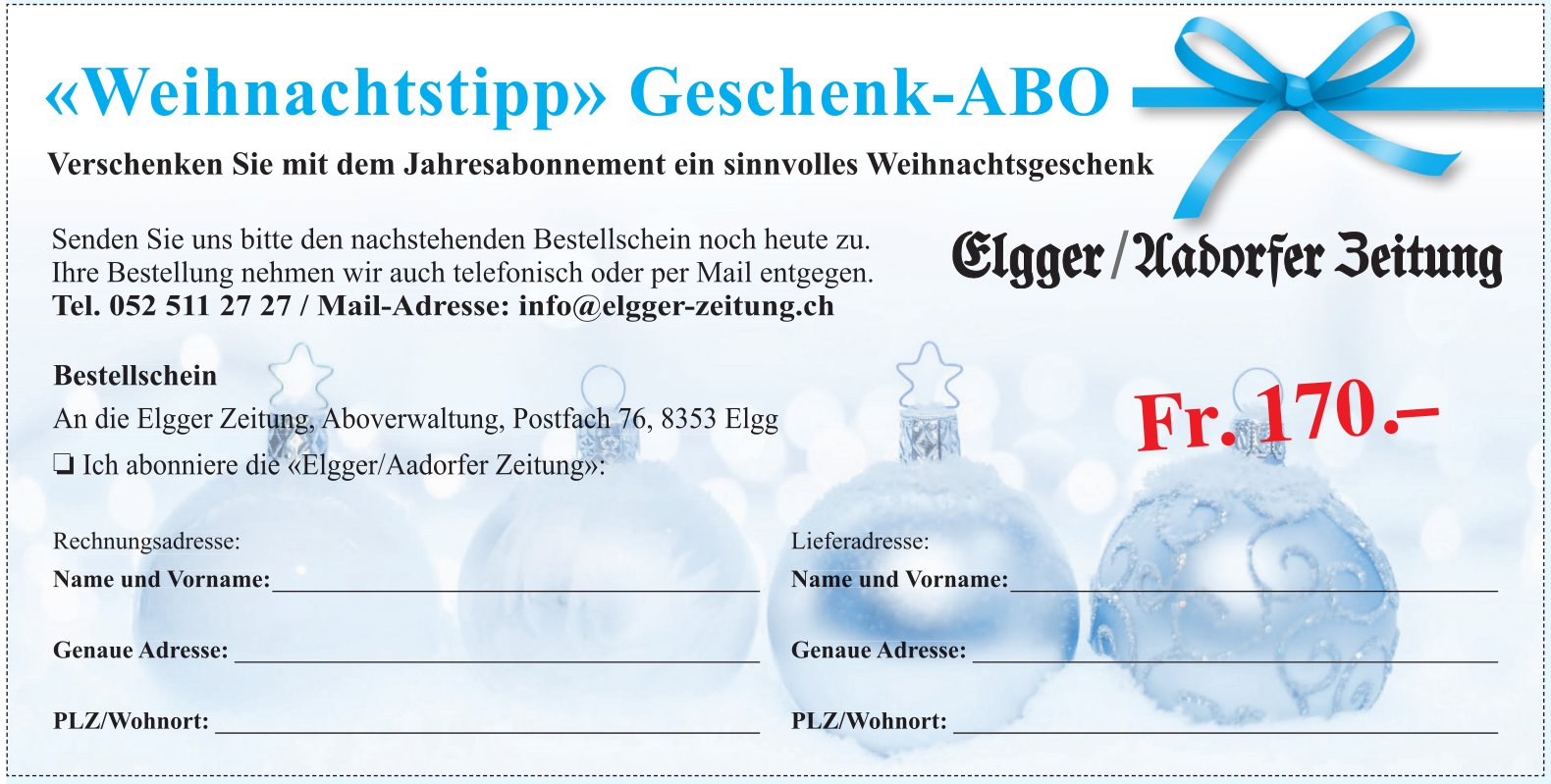 Elgger Zeitung, «Weihnachtstipp» Geschenk-ABO