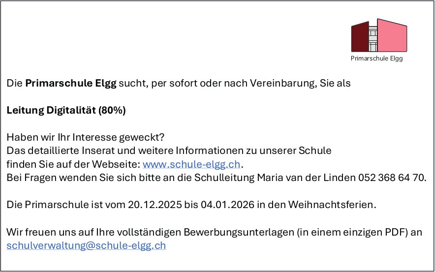 Leitung Digitalität (80%), Primarschule Elgg, gesucht