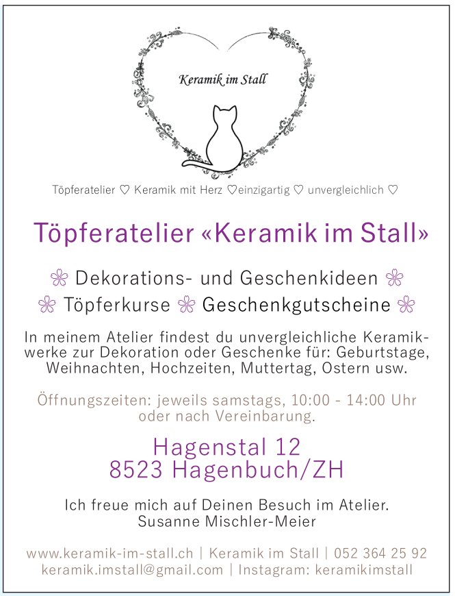 Töpferatelier «Keramik im Stall», Hagenbuch/ZH - Dekorations- und Geschenkideen, Töpferkurse,  Geschenkgutscheine