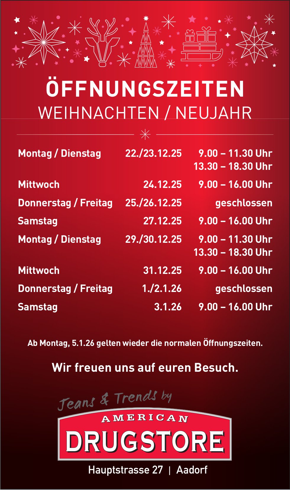 American Drugstore, Aadorf - Öffnungszeiten Weihnachten / Neujahr