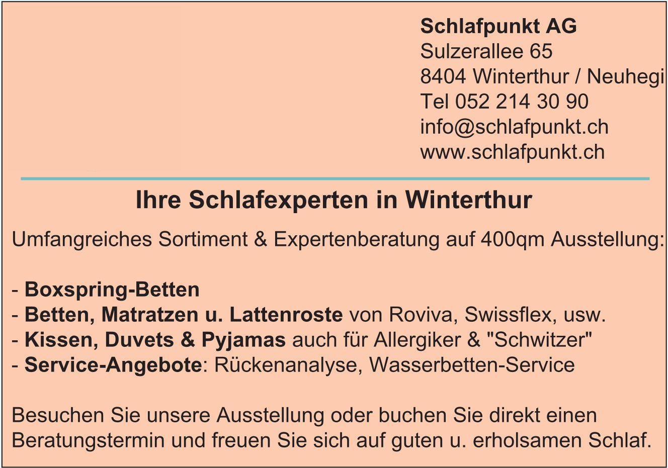 Schlafpunkt AG, Winterthur - Ihre Schlafexperten... Umfangreiches Sortiment & Expertenberatung...
