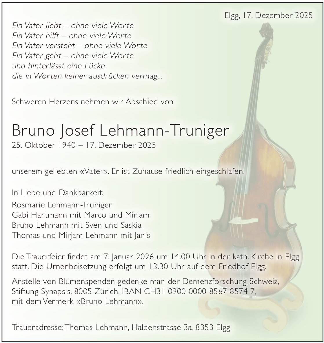 Lehmann-Truniger Bruno Josef, Dezember 2025 / TA