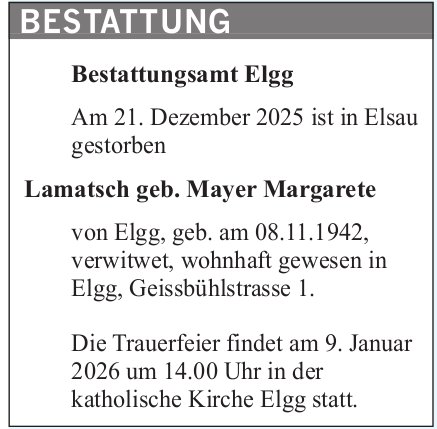 Lamatsch geb. Mayer Margarete, Dezember 2025 / TA