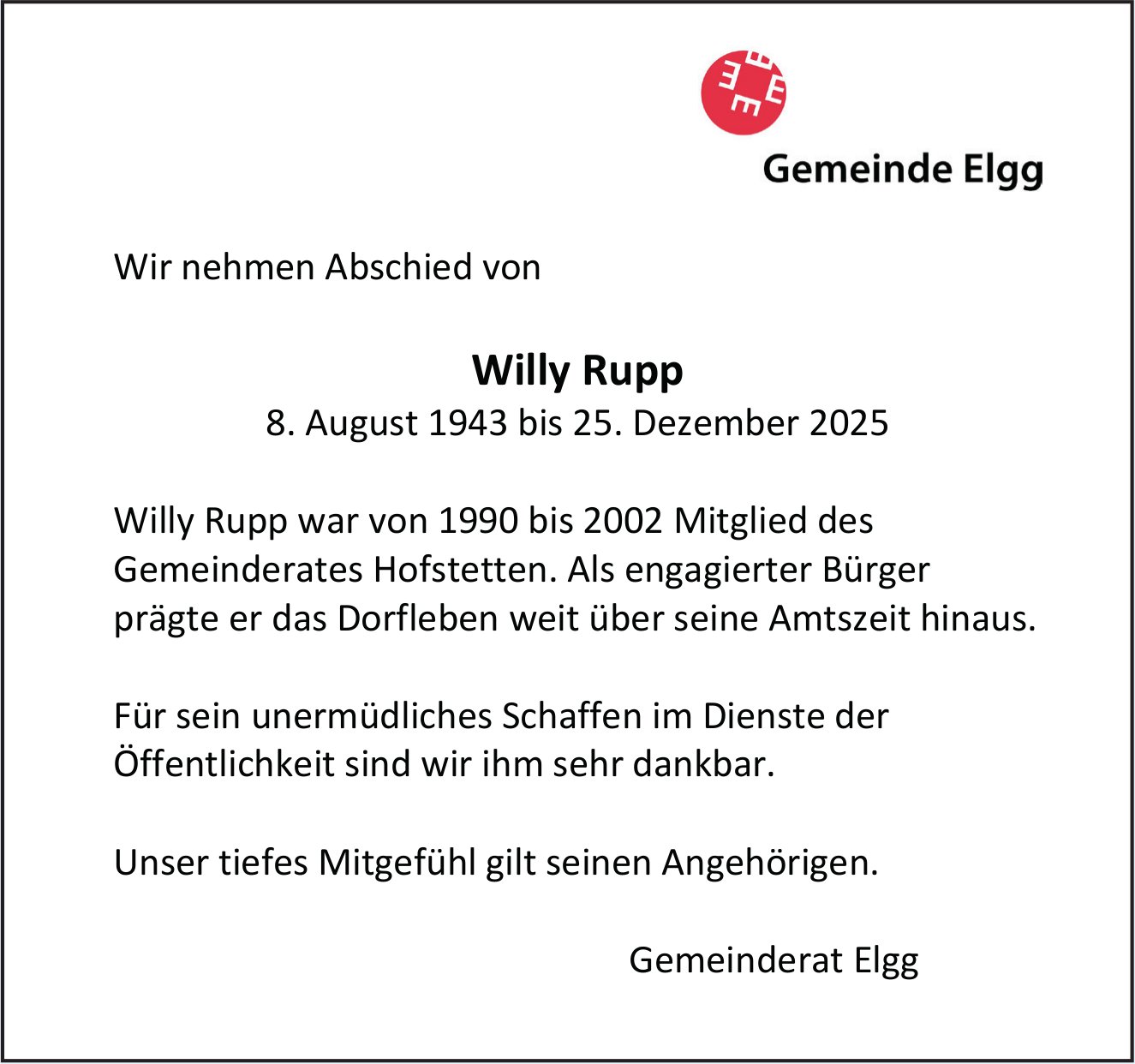 Rupp Willy, Dezember 2025 / TA