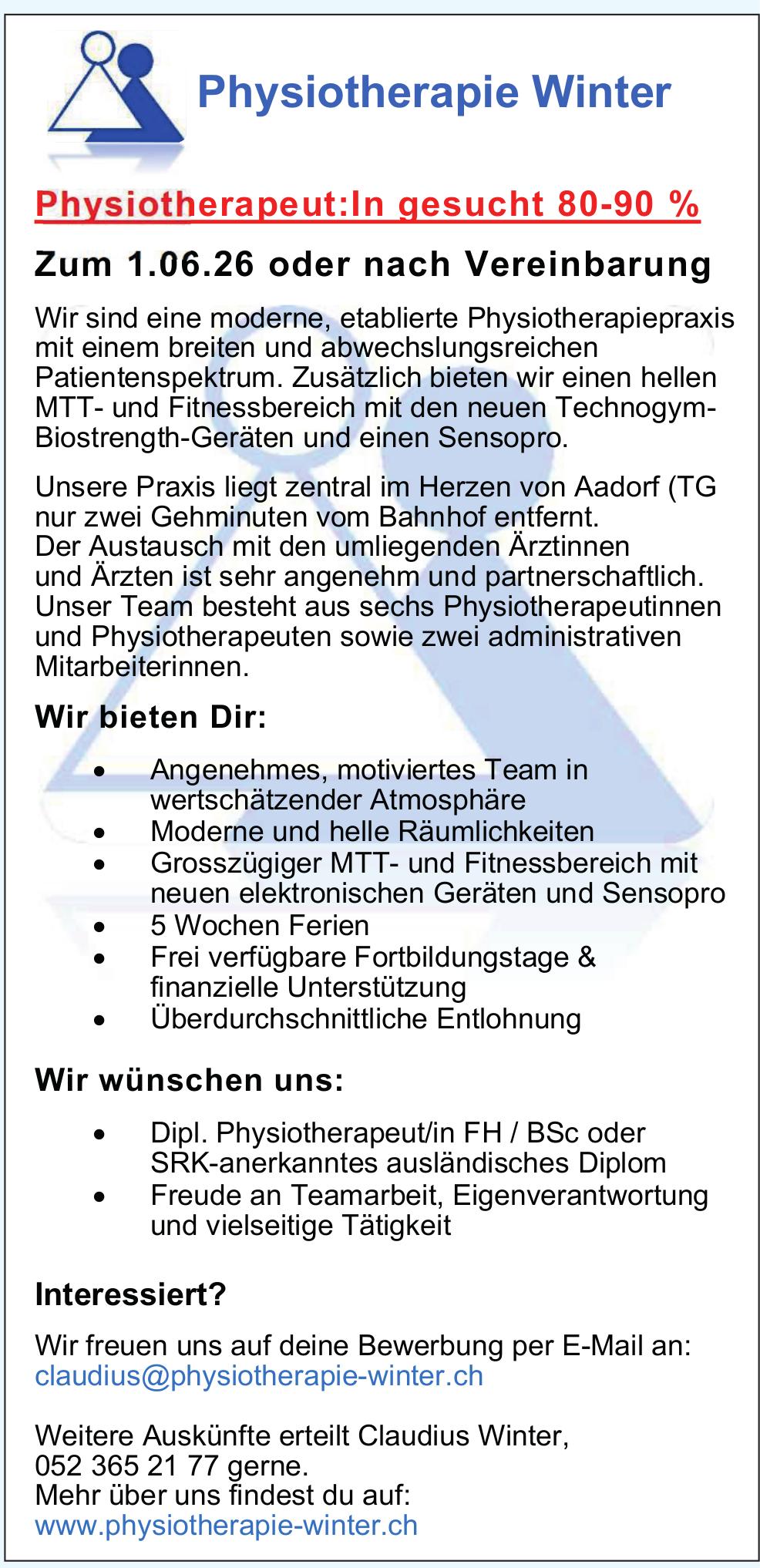 Physiotherapeut:In gesucht 80-90 %, Physiotherapie Winter, Gesucht
