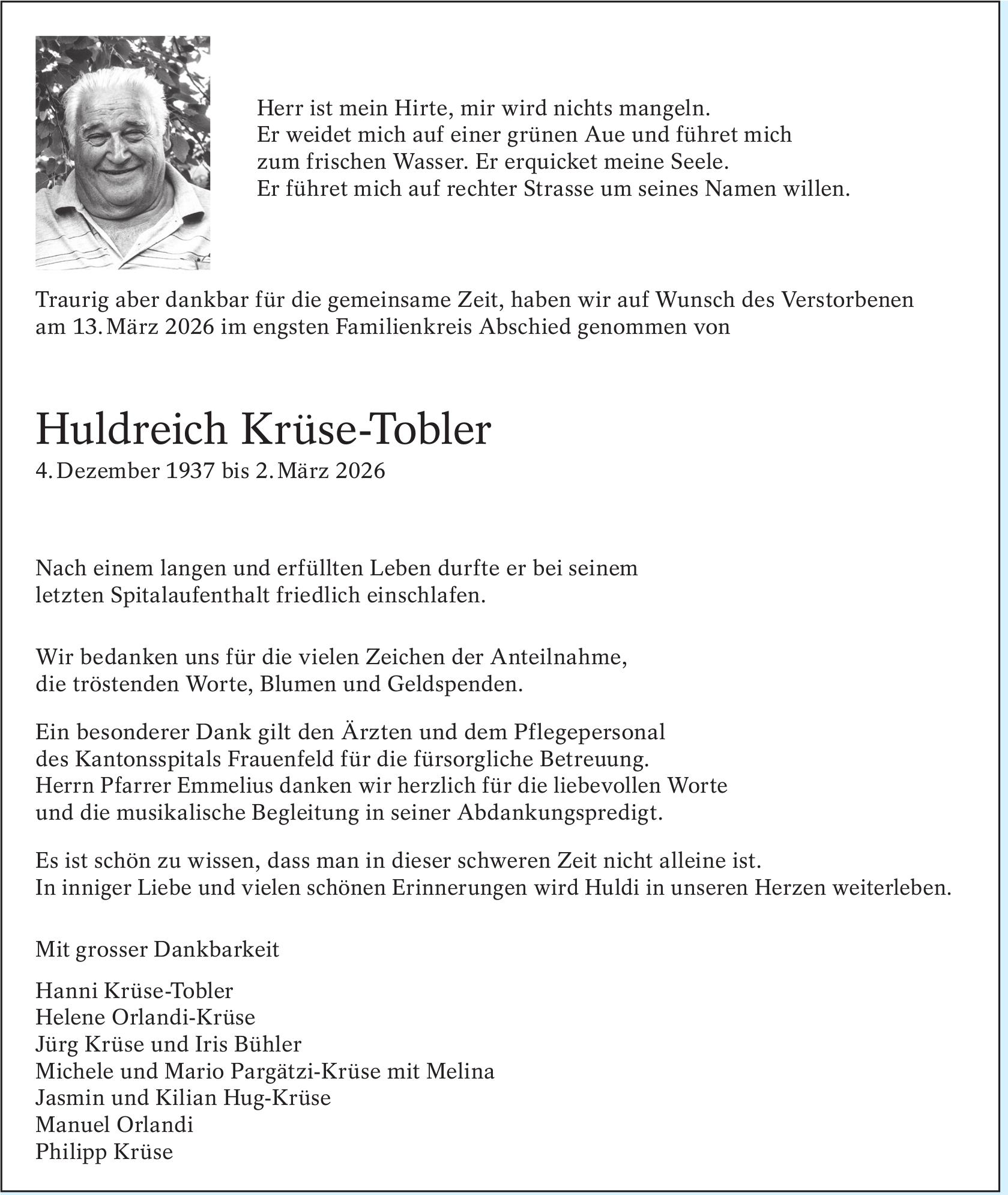 Huldreich Krüse-Tobler, März 2026 / TA
