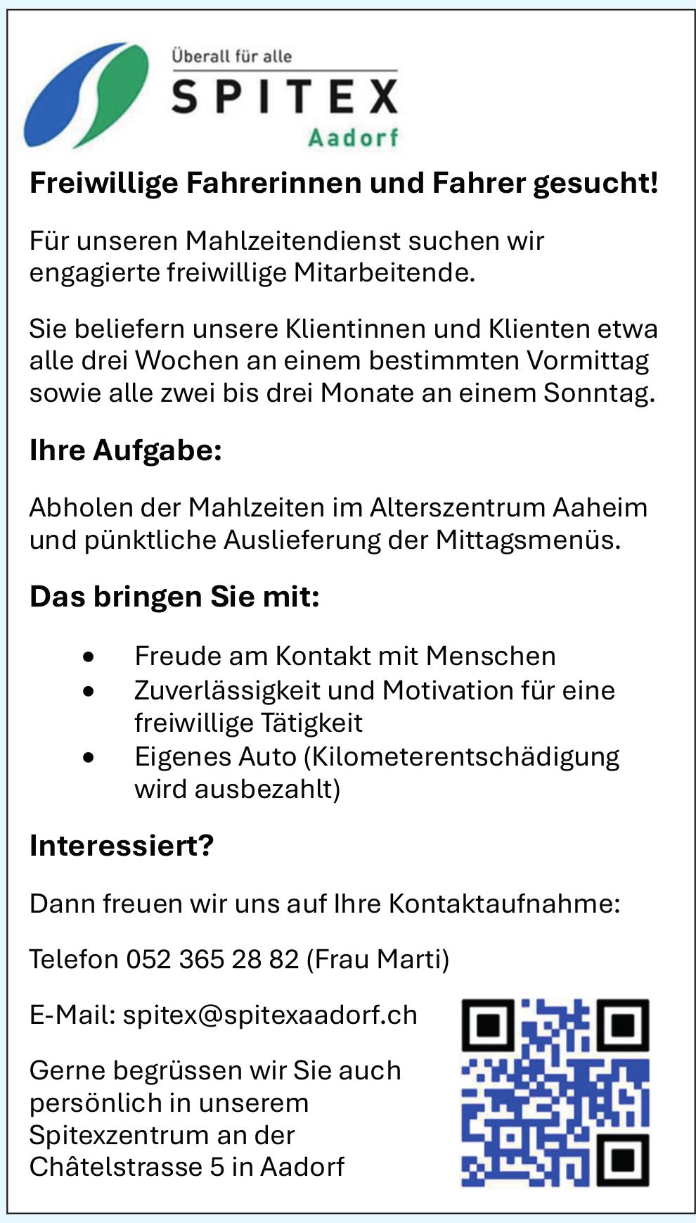 Freiwillige Fahrerinnen und Fahrer, SPITEX Aadorf, Gesucht