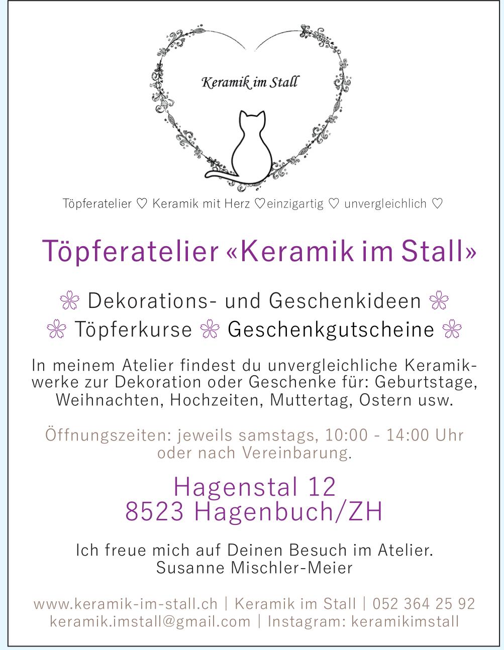 Töpferatelier «Keramik im Stall», Hagenbuch/ZH - Dekorations- und Geschenkideen, Töpferkurse,  Geschenkgutscheine