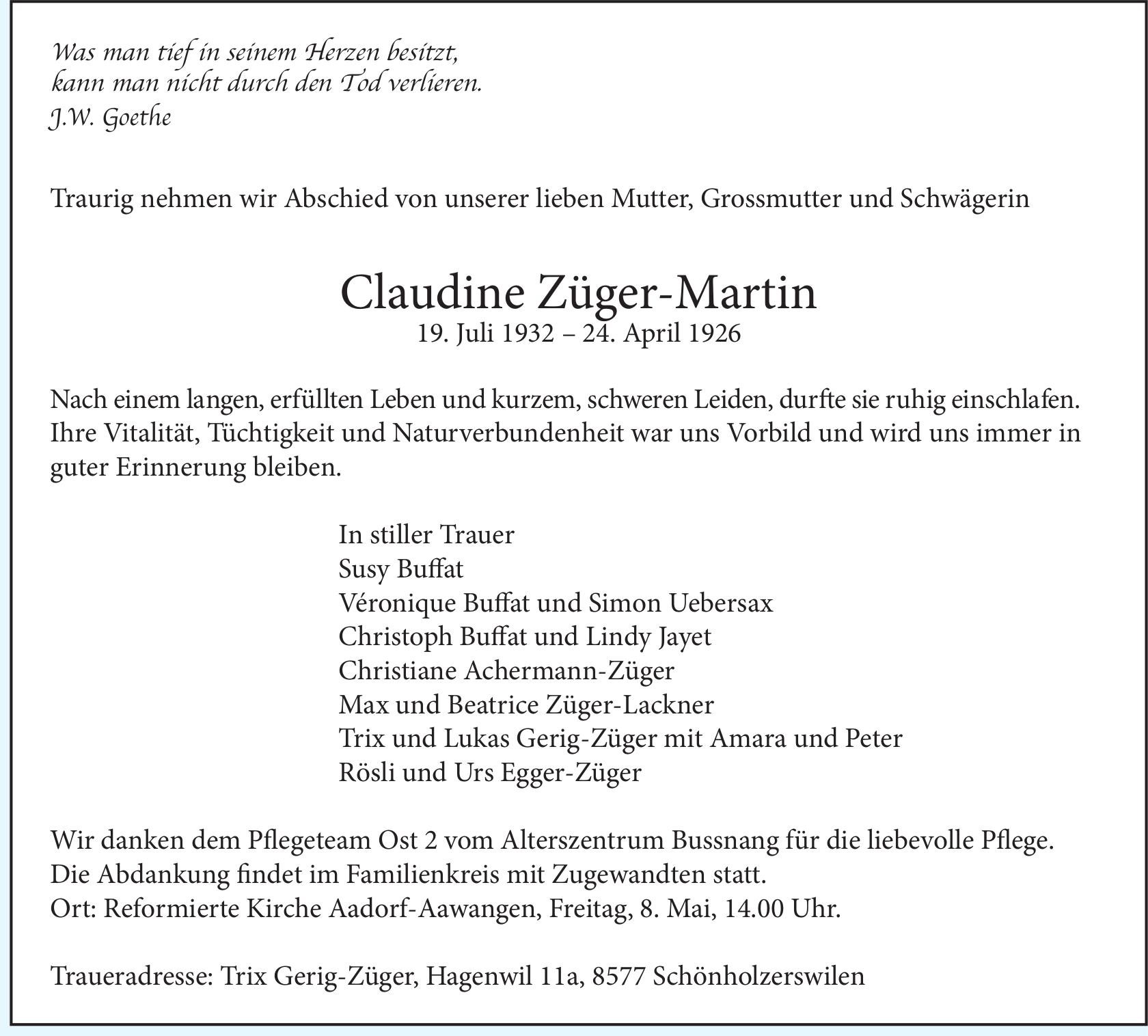 Claudine Züger-Martin, April 1926 / TA