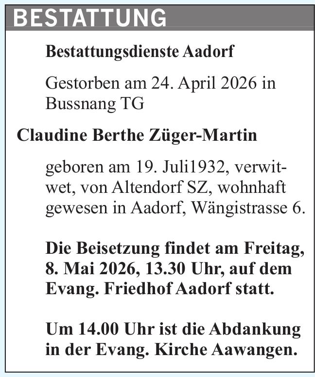 Claudine Berthe Züger-Martin, April 2026 / TA
