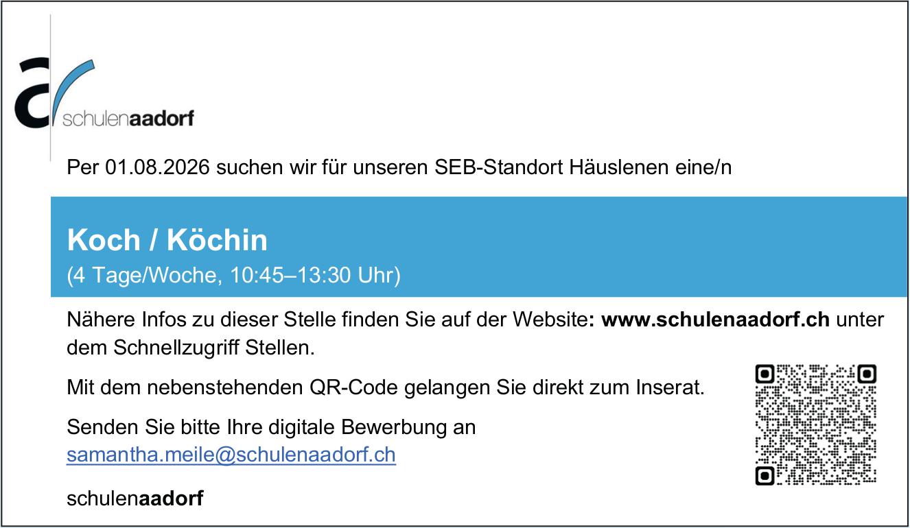 Koch / Köchin, Schulen Aadorf, gesucht