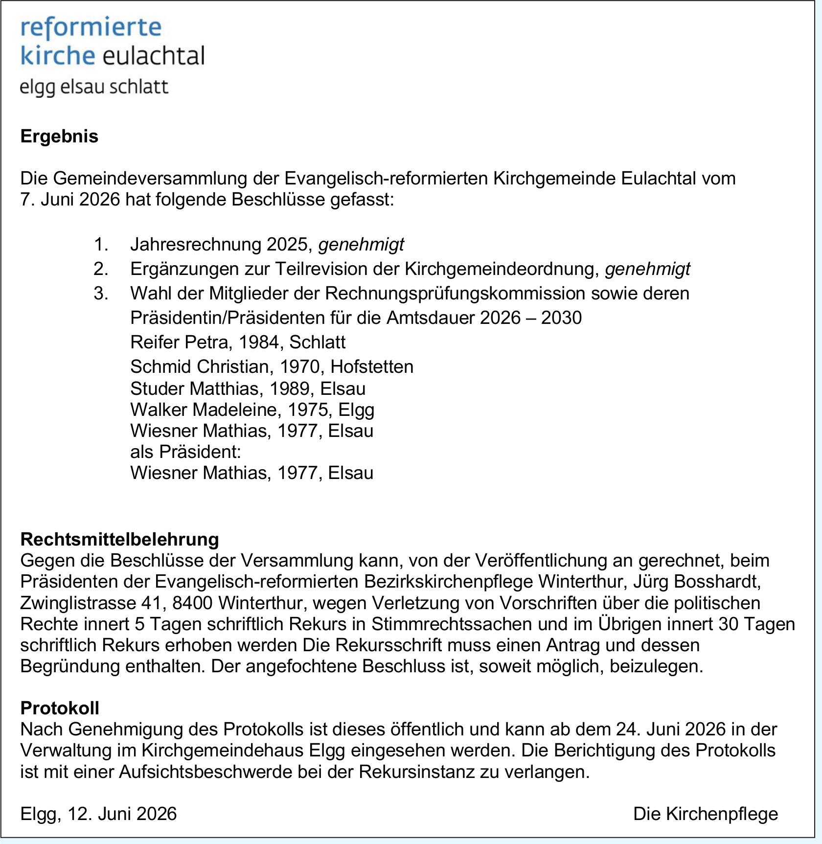 Reformierte kirche eulachtal, Ergebnis Gemeindeversammlung