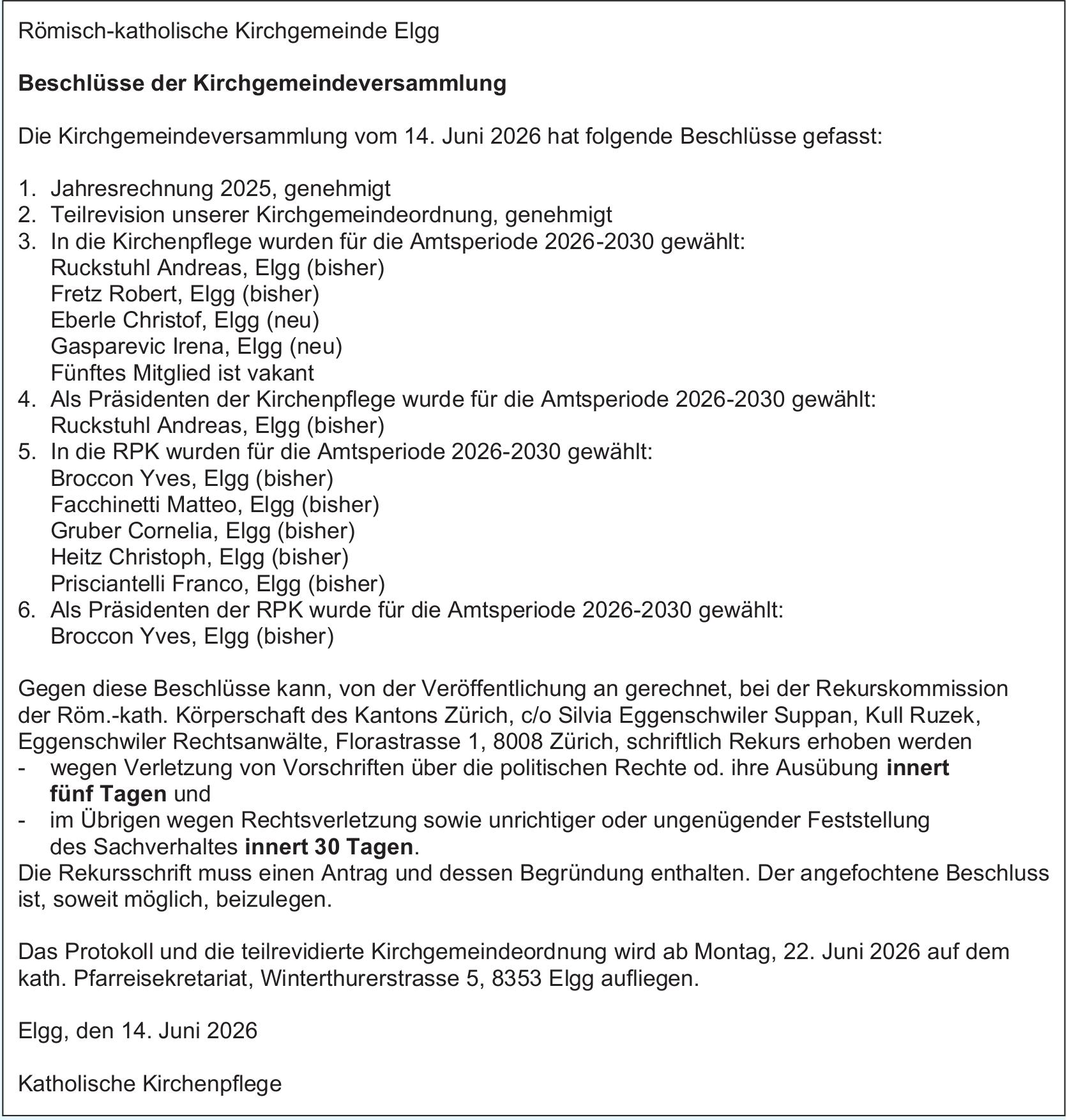 Römisch-katholische Kirchgemeinde Elgg, Beschlüsse der Kirchgemeindeversammlung