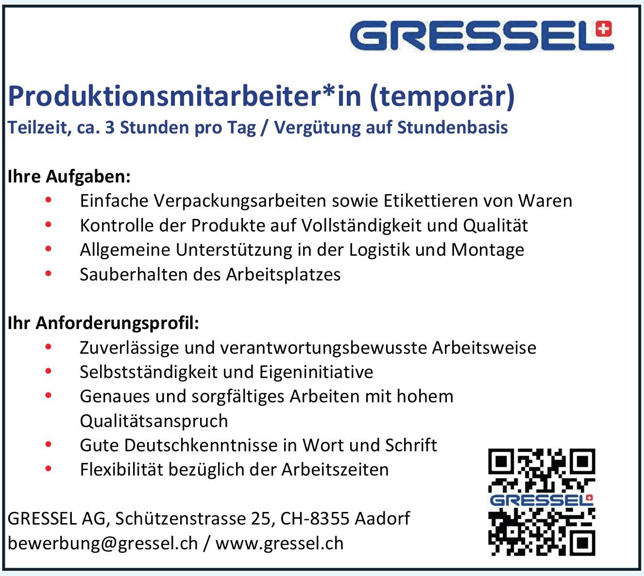 Produktionsmitarbeiter*in (temporär), GRESSEL AG, Aadorf, Gesucht