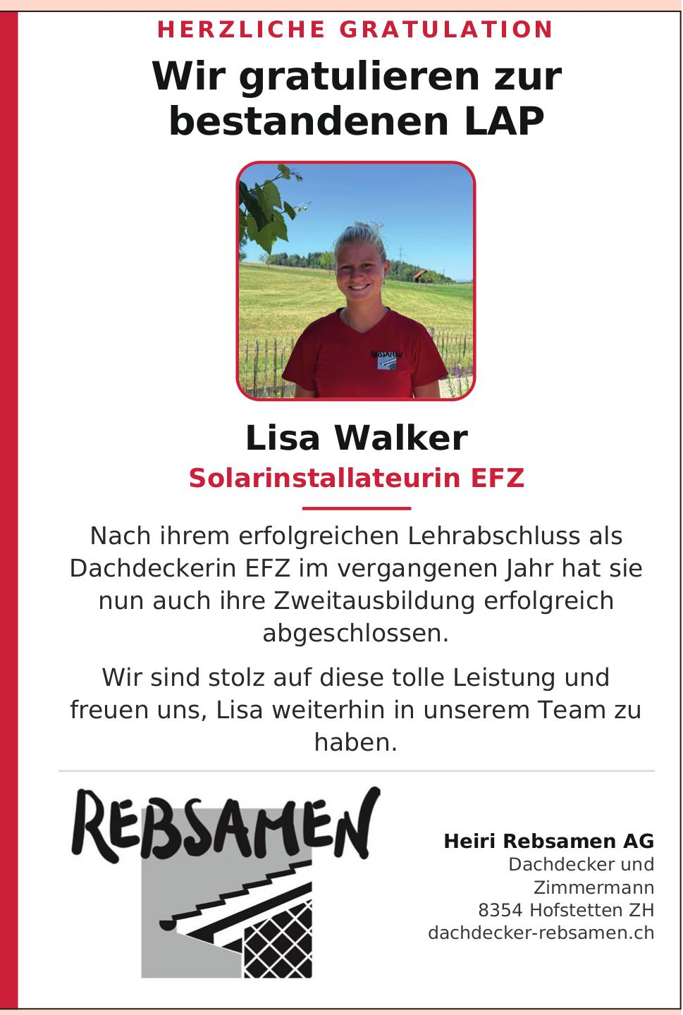 Heiri Rebsamen AG, Hofstetten - Wir gratulieren zur bestandenen LAP