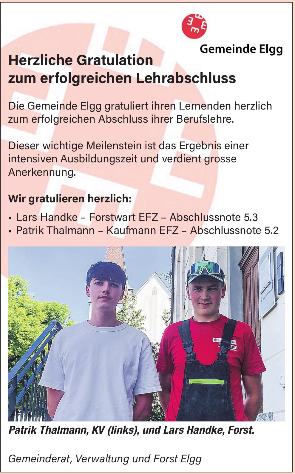 Gemeinde Elgg, Herzliche Gratulation zum erfolgreichen Lehrabschluss