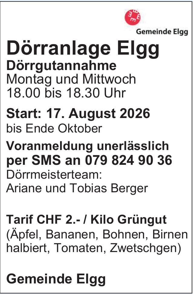 Gemeinde Elgg, Dörranlage Elgg - Start: 17. August 2026 bis Ende Oktober