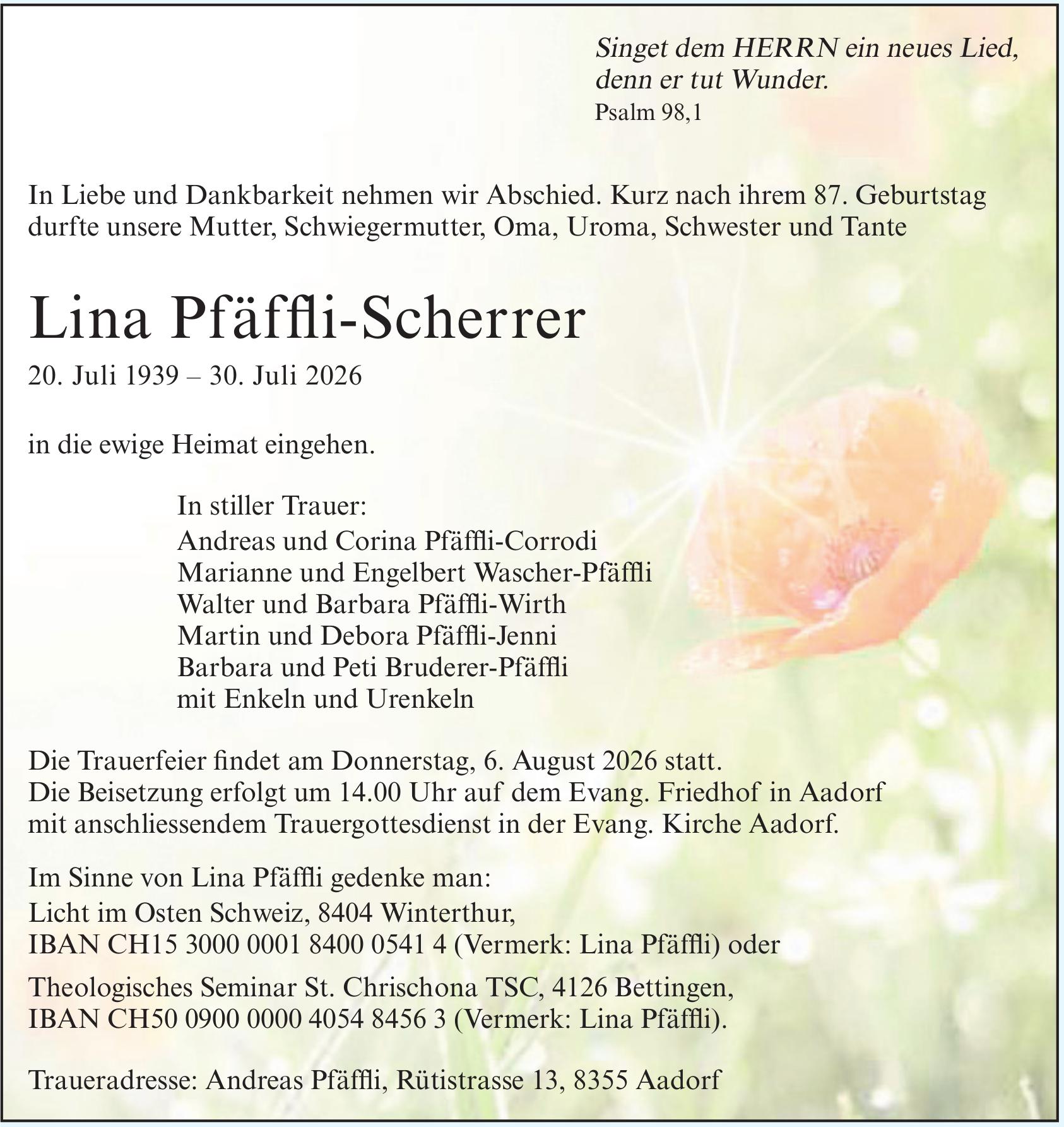 Lina Pfäffli-Scherrer, Juli 2026 / TA