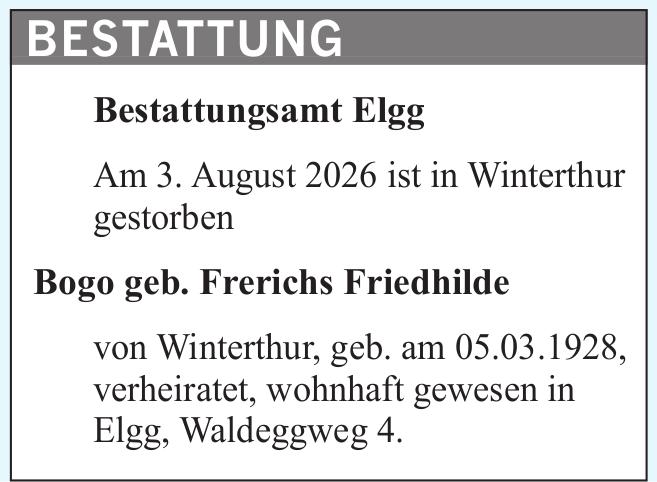 Bogo geb. Frerichs Friedhilde, August 2026 / TA