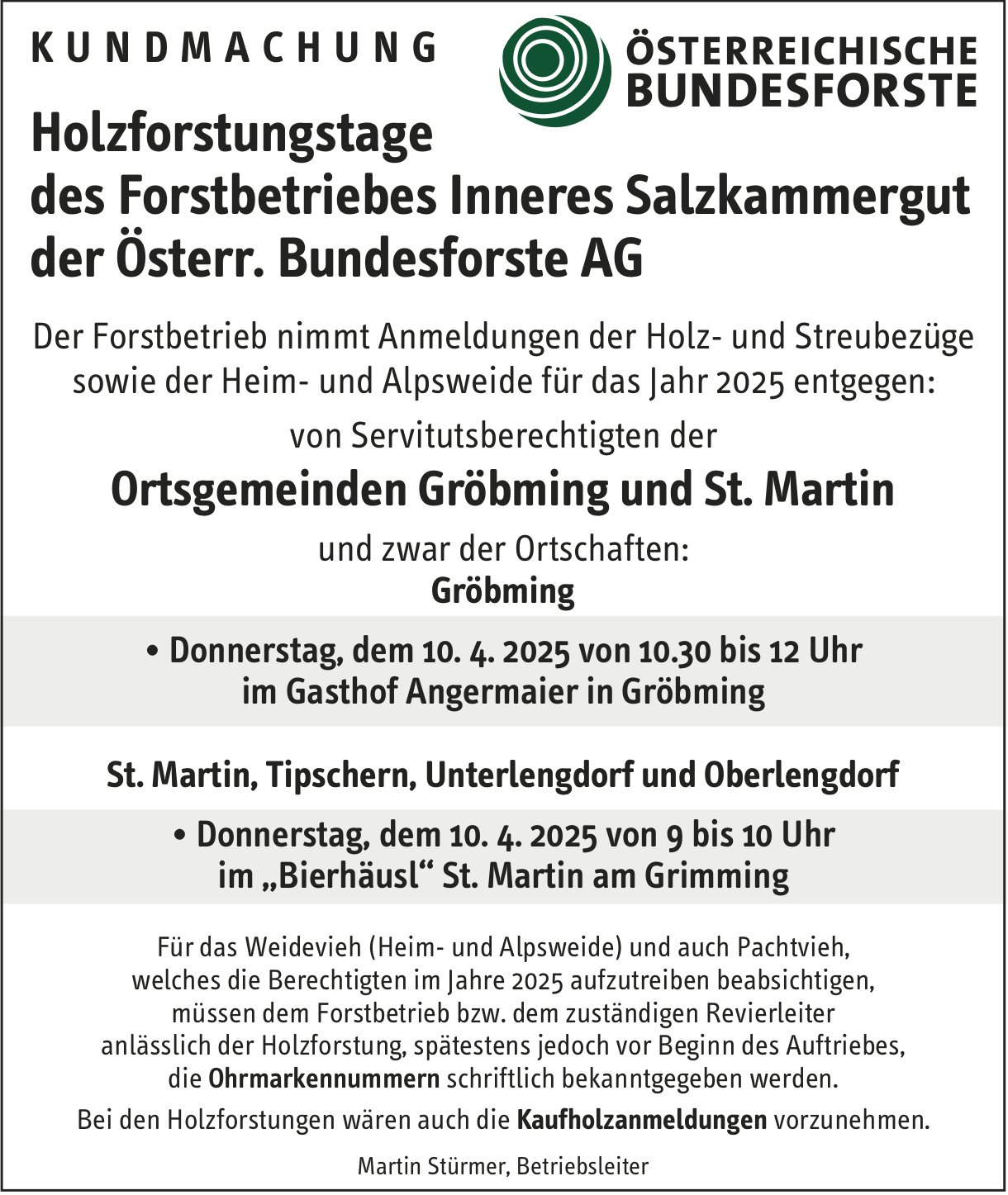 Österreichische Bundesforste, Holzforstungstage des Forstbetriebes Inneres Salzkammergut