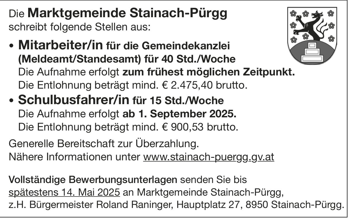 Mitarbeiter/in für die Gemeindekanzlei und Schulbusfahrer/in, Stainach Puergg, gesucht