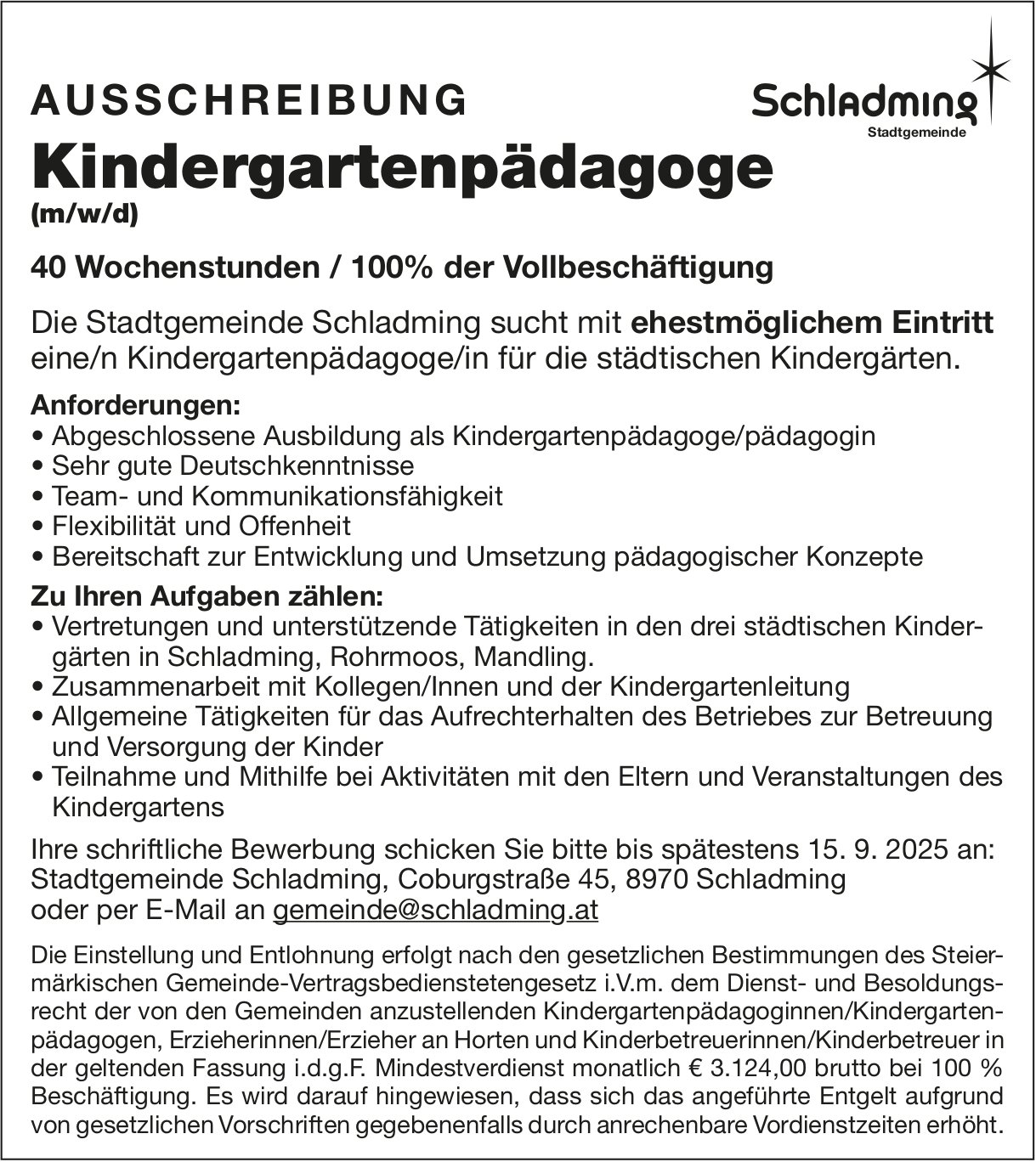 Kindergartenpädagoge (m/w/d), Schladming Dachstein, gesucht