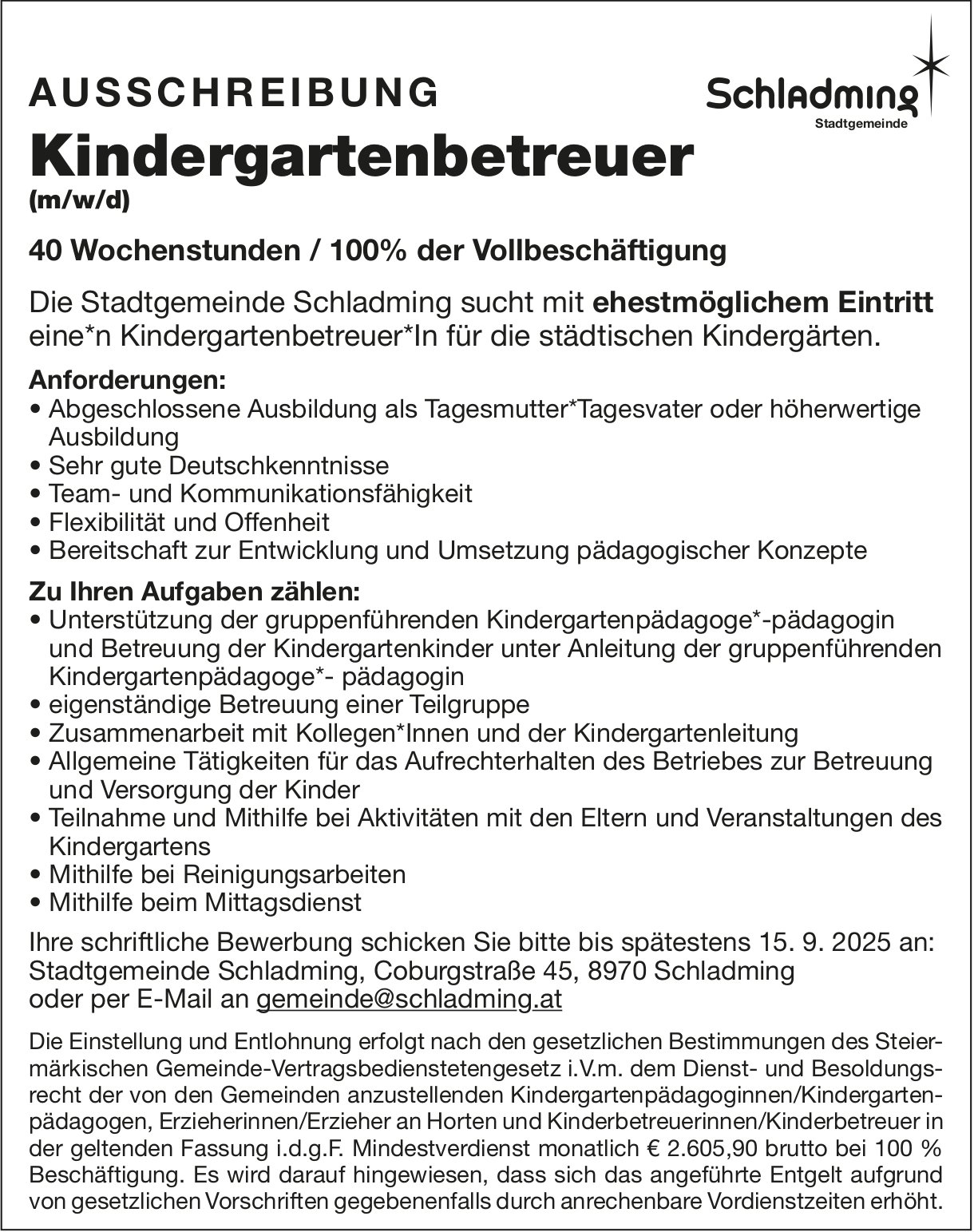 Kindergartenbetreuer (m/w/d), Schladming Dachstein, gesucht