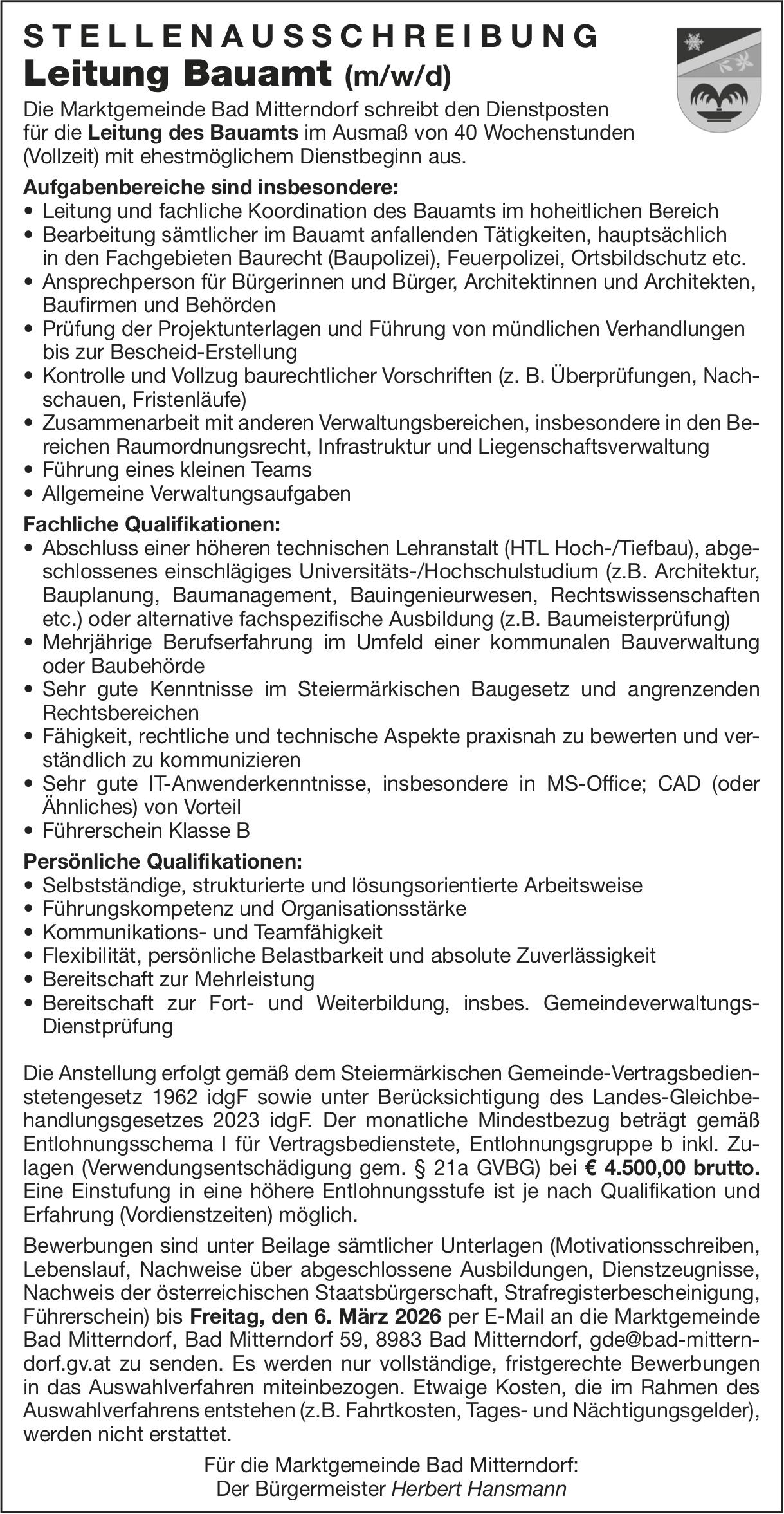Leitung Bauamt (m/w/d), Marktgemeinde Bad Mitterndorf, gesucht