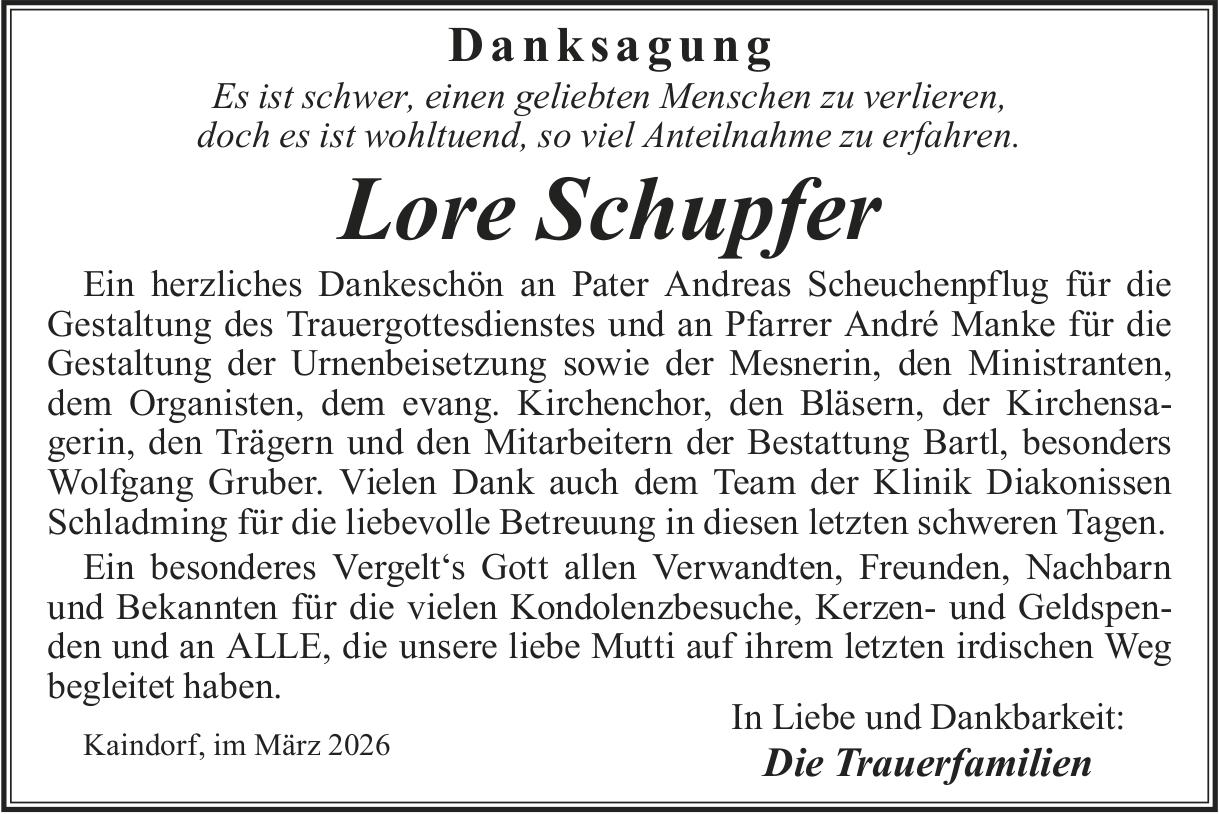 Schupfer Lore, im März 2026 / DS