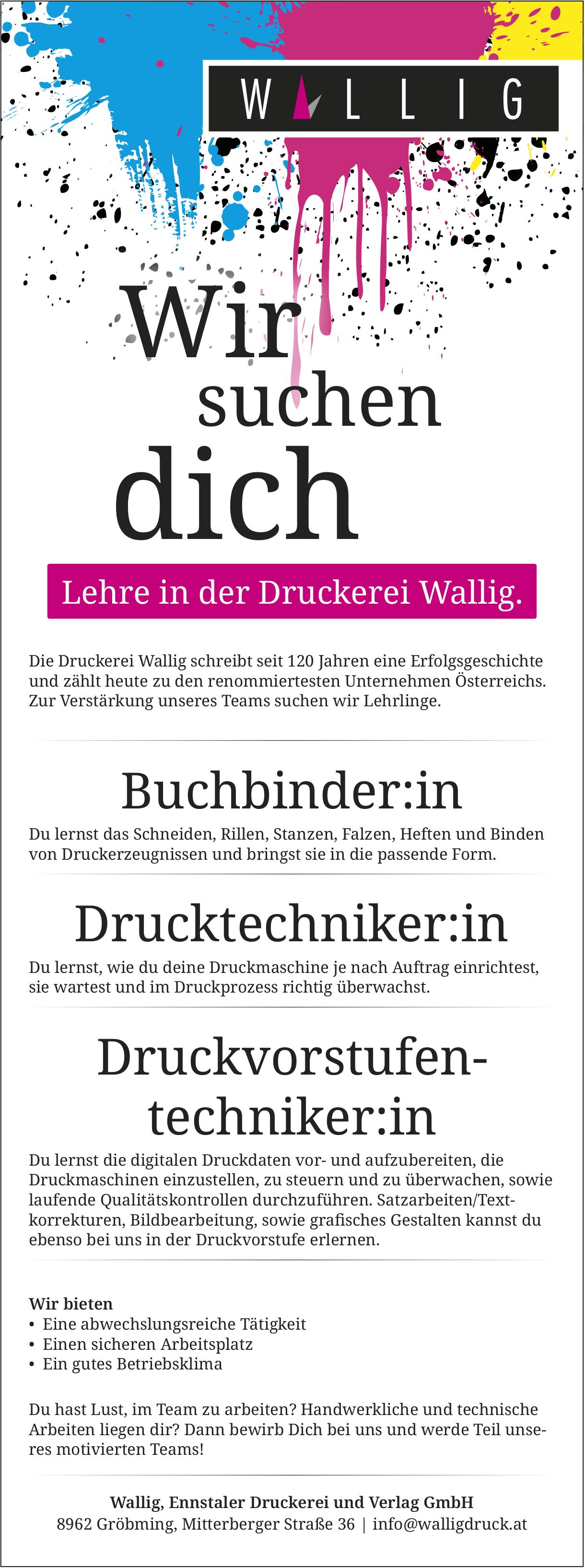 Lehre in der Druckerei Wallig., Wallig, gesucht