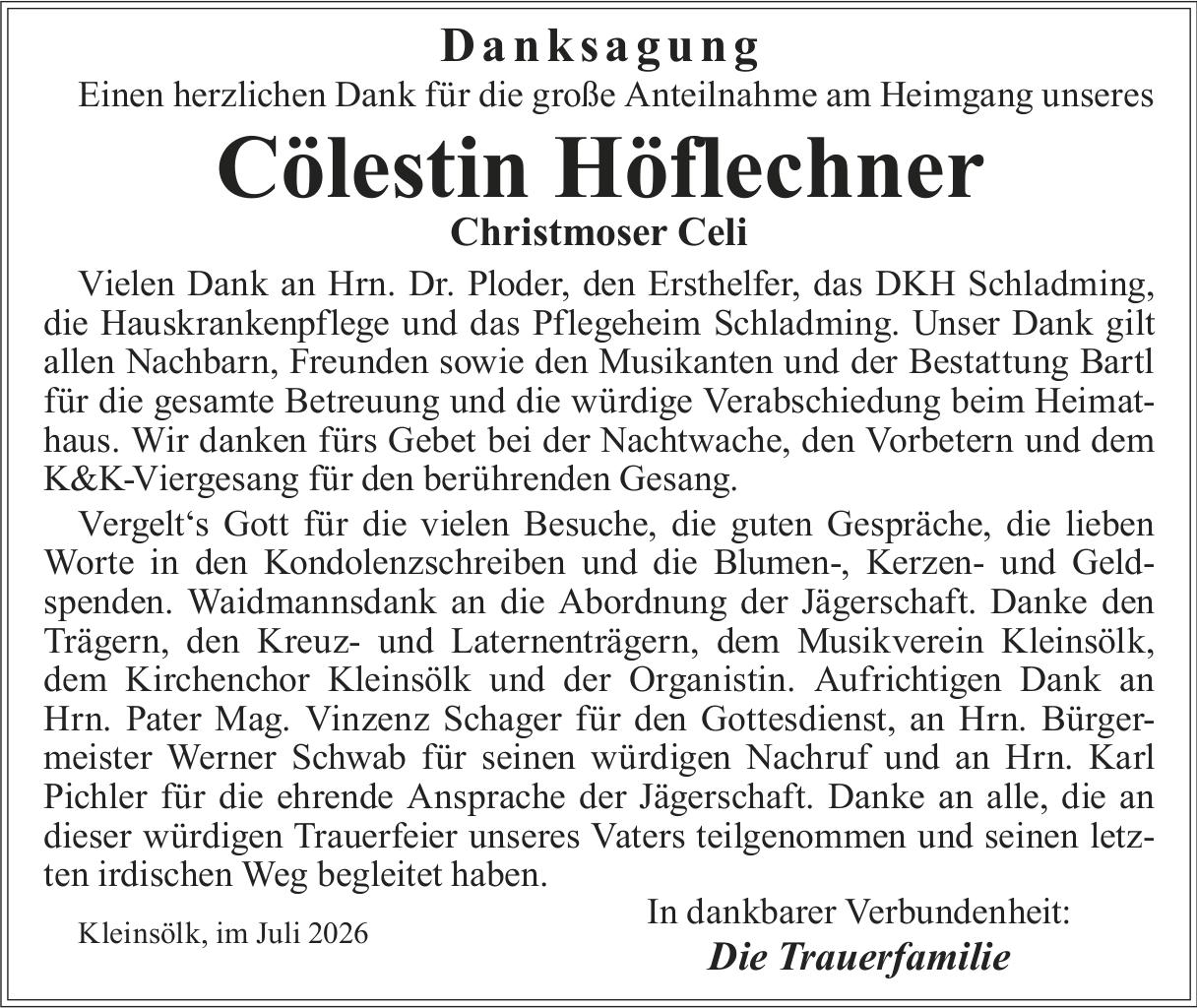 Höflechner Cölestin, im Juli 2026 / DS
